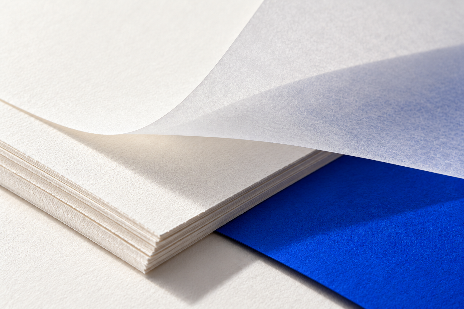 Material study of translucent paper, layered white sheets and a blue edge.